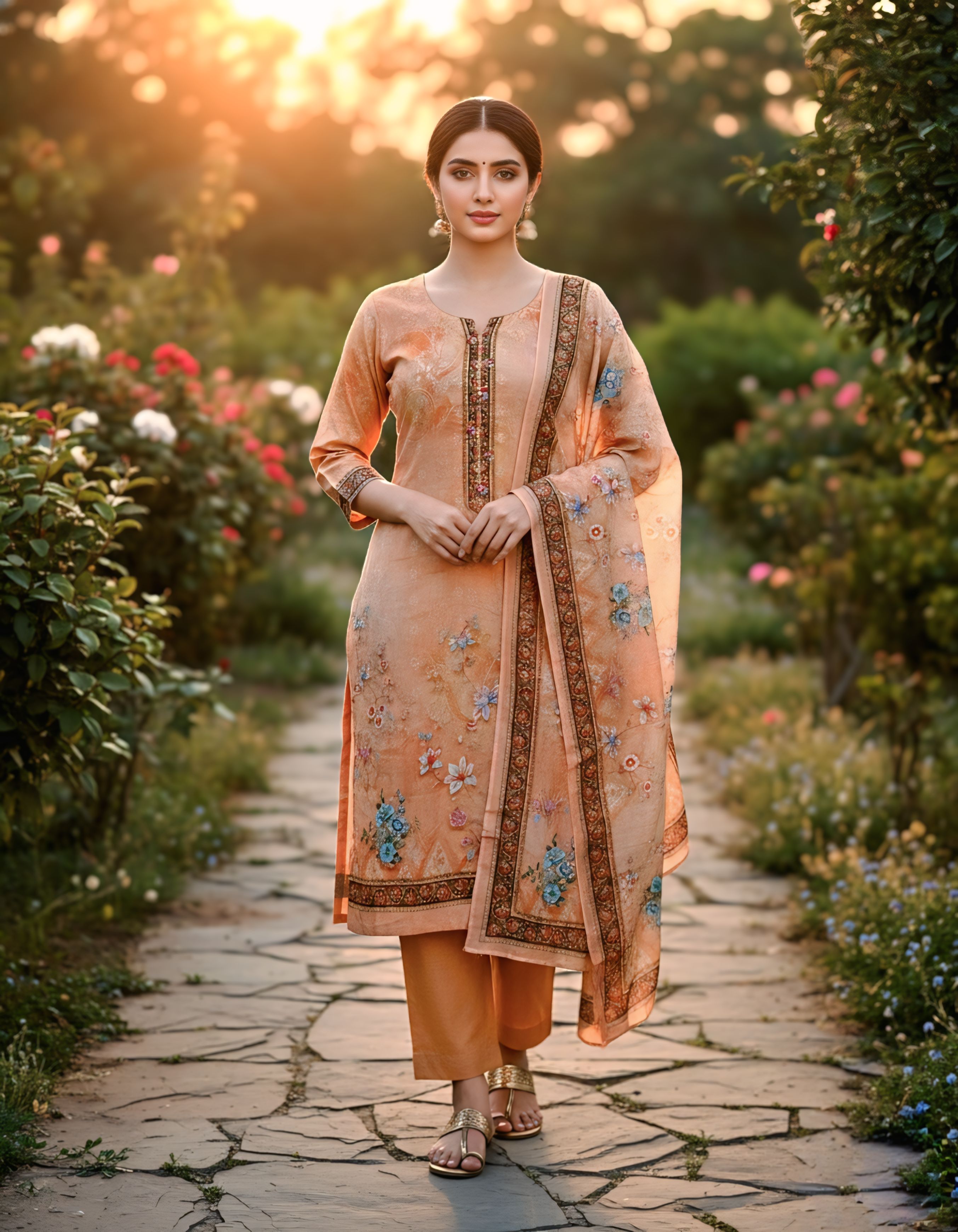এক্সক্লুসিভ সিকোয়েন্স ও এমব্রয়ডারি ওয়ার্ক পিচ-অরেঞ্জ থ্রি-পিস (Exclusive Sequins & Embroidery Peach-Orange Three-Piece Collection)