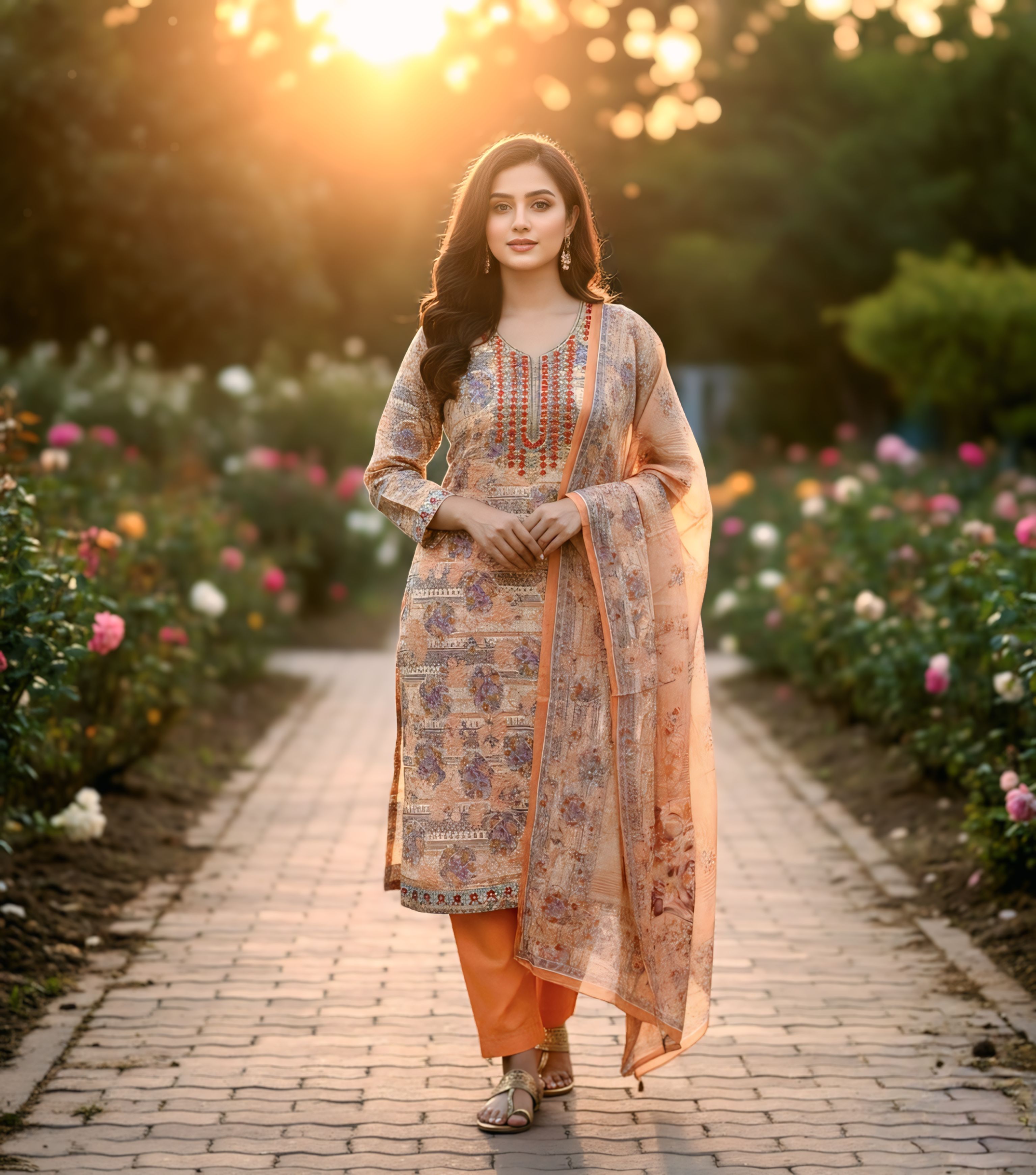 এক্সক্লুসিভ গলার ও নিচের প্যানেলে এমব্রয়ডারি করা অরেঞ্জ থ্রি-পিস (Exclusive Neckline & Border Embroidery Orange Three-Piece)