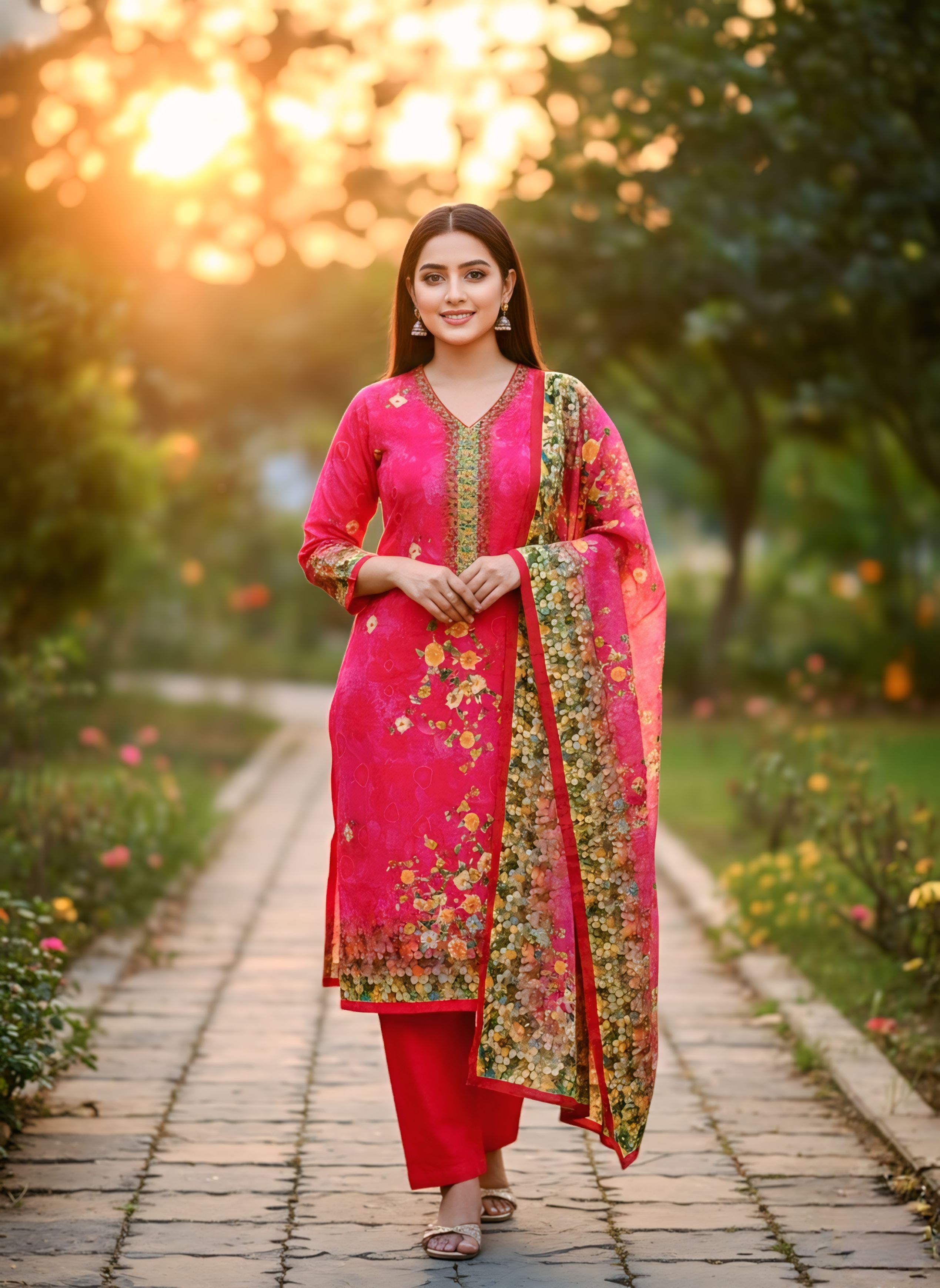 থ্রি-পিসটি চমৎকার ডিজিটাল ফ্লোরাল প্রিন্টের ছোঁয়া।